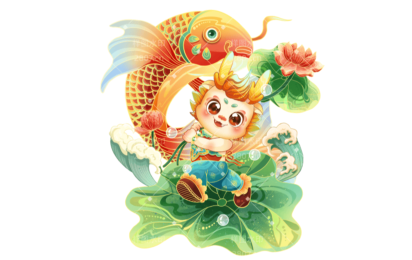 春节龙年新年新春过年除夕中国风国潮鲤鱼锦鲤龙组合元素素材