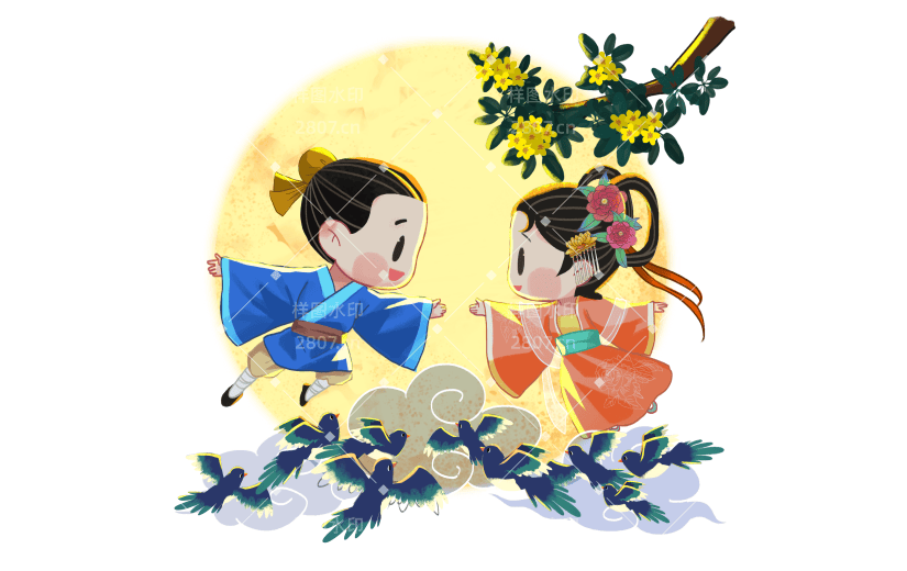 手绘-卡通七夕牛郎织女人物场景5