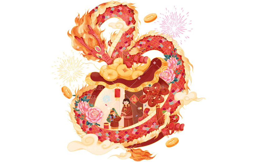 龙年春节新春新年过年除夕中国风中式微缩年俗场景龙组合元素素材
