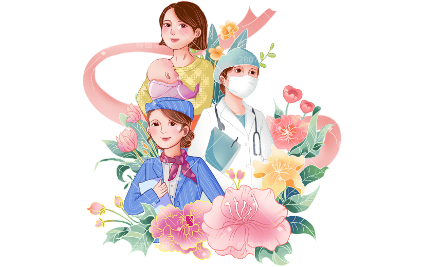 三八妇女节女神节女王节唯美励志女性人物鲜花组合元素素材