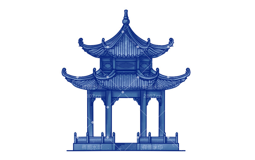 双顶凉亭元素创意贴纸-水墨风