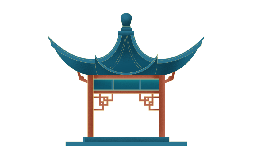 红蓝色亭子中国风中秋节元素贴纸      