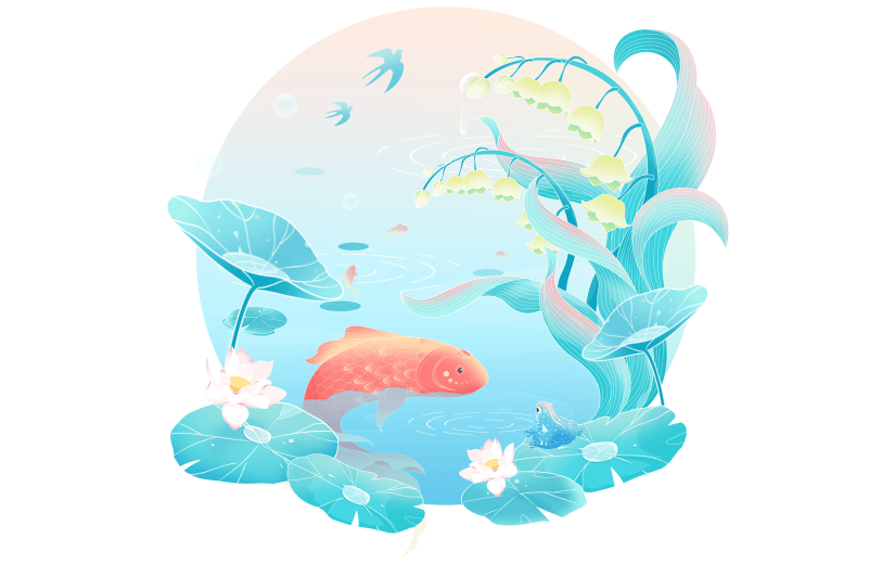 传统节气二十四节气插画幻彩国潮风雨水植物场景组合元素素材