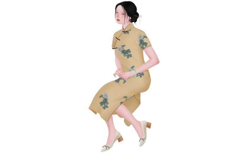 手绘-民国风旗袍女性人物贴纸人3