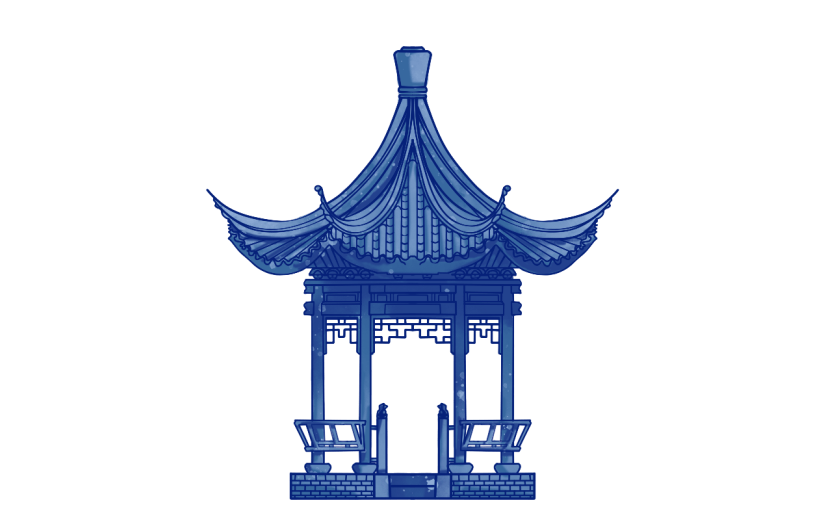 双顶凉亭元素创意贴纸-水墨风