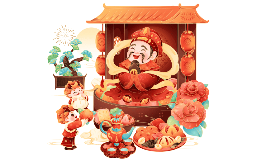 龙年春节新春新年过年除夕卡通感可爱拟人龙年俗插画场景组合元素素材-迎灶神