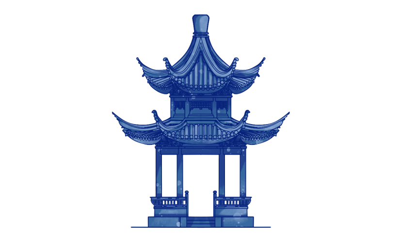 双顶凉亭元素创意贴纸-水墨风