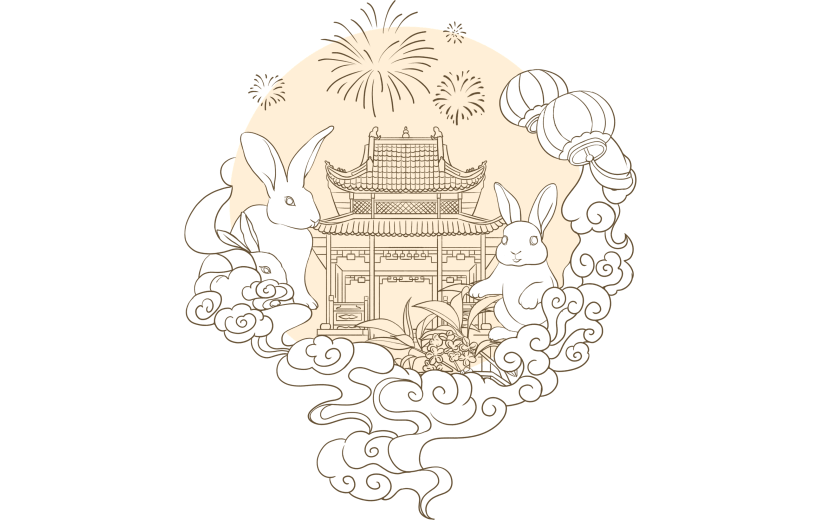 中秋节通用线条感兔子月亮中式建筑场景组合套系贴纸元素素材