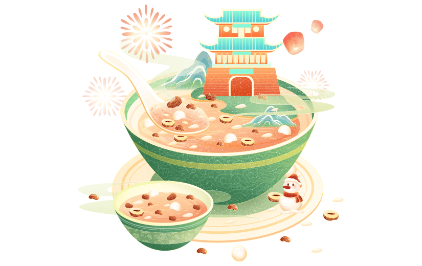 腊八节中国风中式微缩腊八粥山水场景组合元素素材