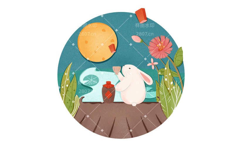 手绘-中秋节兔子拼贴元素2