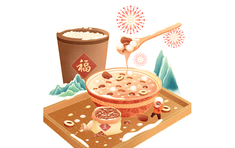 腊八节中国风中式微缩腊八粥山水场景组合元素素材