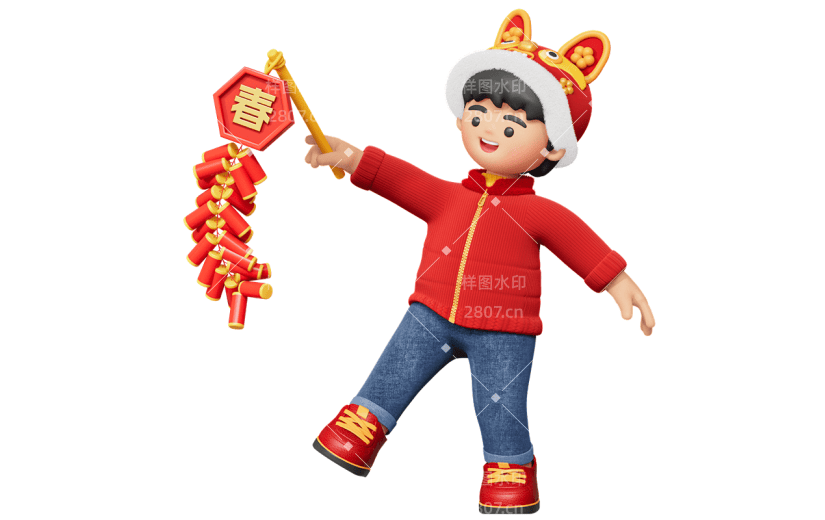 春节龙年新春新年过年除夕中国风3D立体C4D儿童拜年人物元素素材
