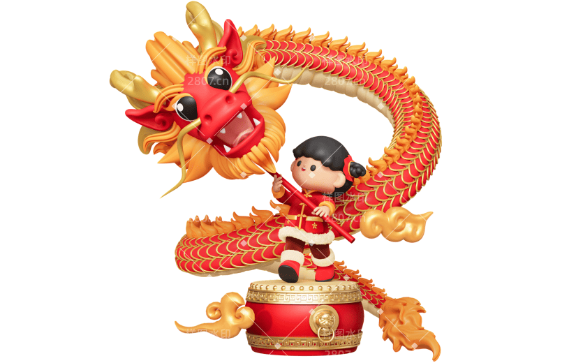 龙年春节新春新年过年除夕3D立体C4D舞龙组合元素素材