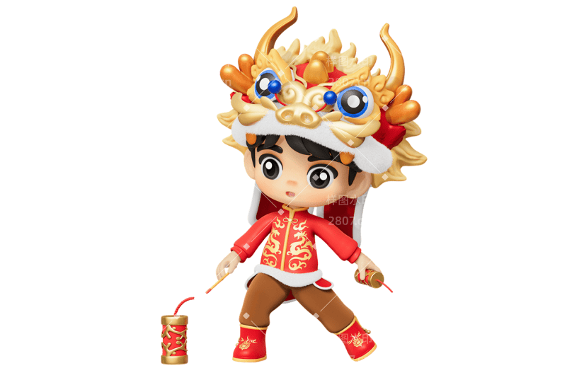 春节龙年新年过年新春除夕中国风3D立体C4D男孩人物免抠元素