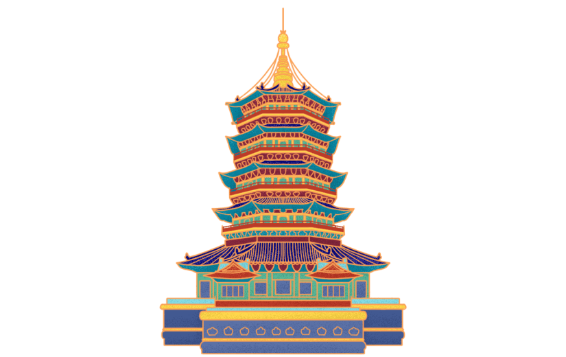 中国风-金边国潮建筑插画6