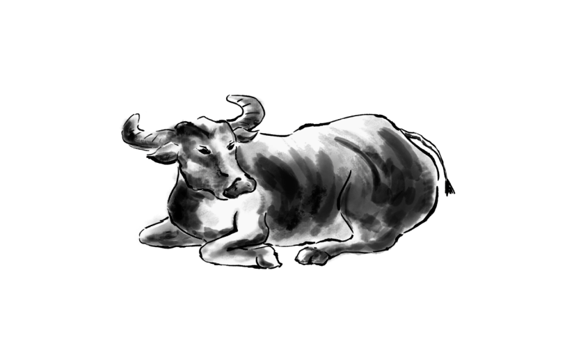 水墨风人物动物插画素材贴纸蹲牛