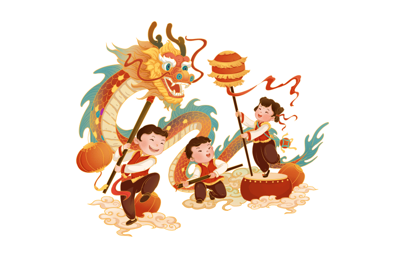 春节龙通用插画多人舞龙贴纸