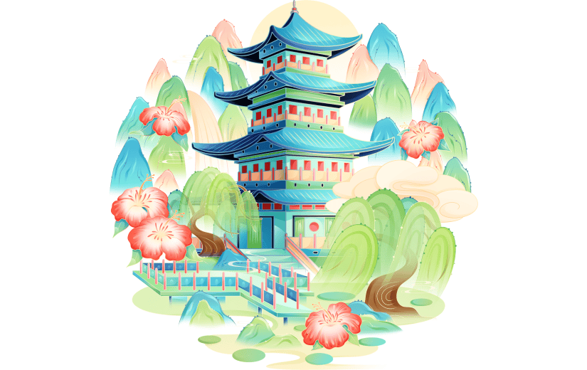 春天春季春日幻彩国潮风中式建筑山水场景组合元素素材
