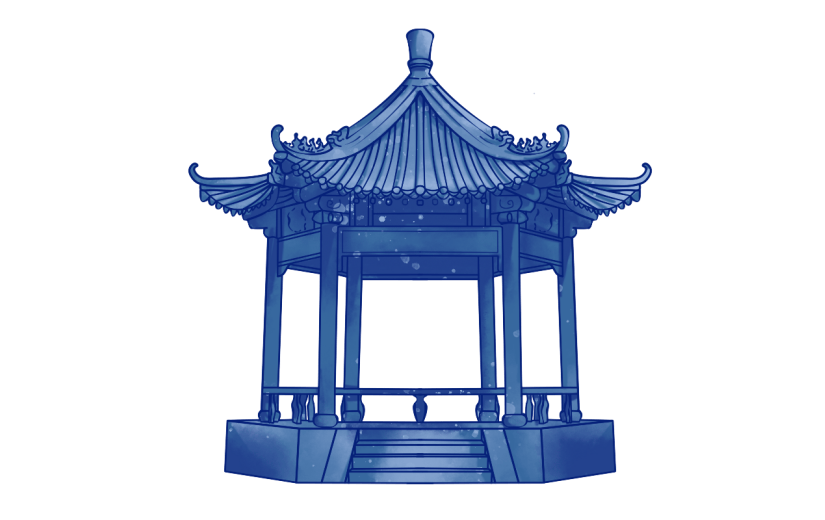 双顶凉亭元素创意贴纸-水墨风