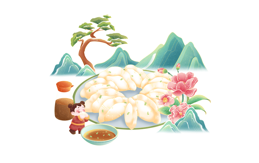 传统节气冬至中国风国潮山饺子人物插画元素素材