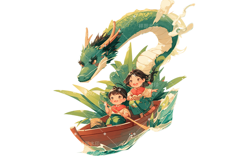 端午节通用动漫中国风绿色龙舟儿童人物中国龙元素