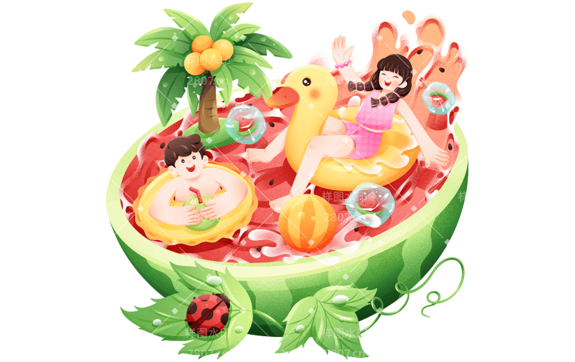 二十四节气立夏插画微缩西瓜泳池人物场景组合元素素材
