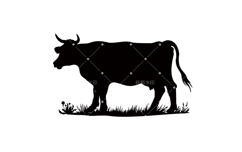 常规内容-动物系列扁平风草地上的老牛黑色剪影图标元素
