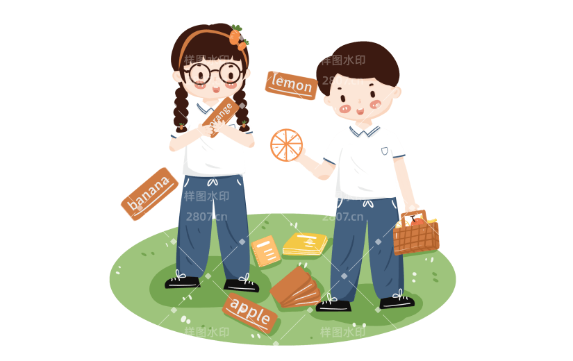 手绘小学生草地上背单词元素