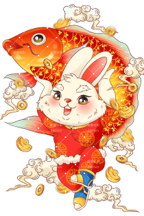 新年兔子锦鲤福娃兔祥云元宝铜钱