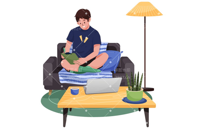 男孩蹲坐在沙发上办公职业元素