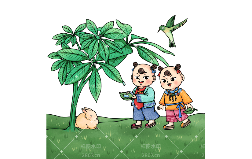 手绘-白露元素创意贴纸-玩耍