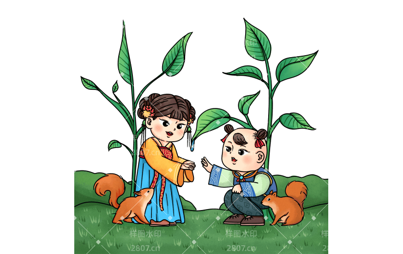 手绘-白露元素创意贴纸-玩耍