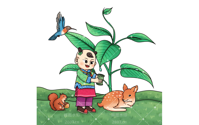 手绘-白露元素创意贴纸-玩耍