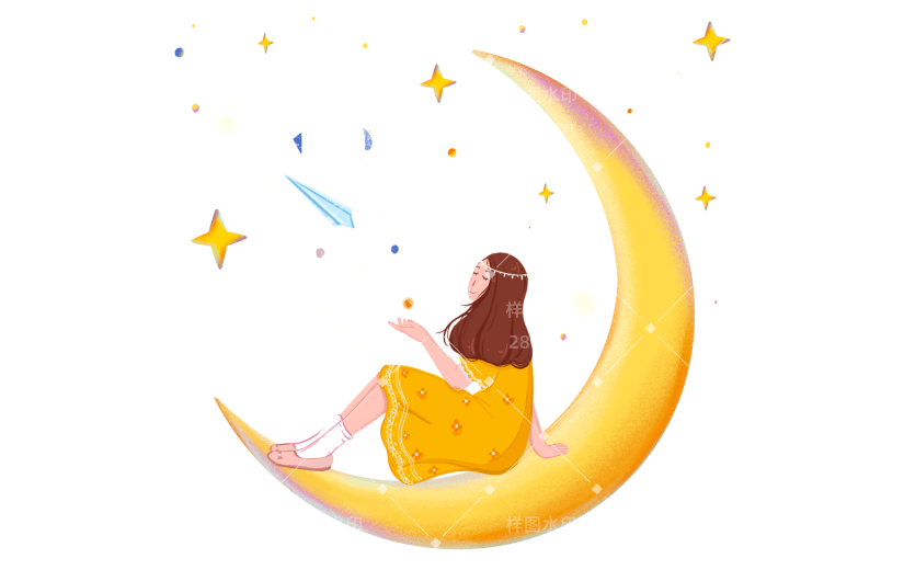 手绘肌理夜晚月亮小女孩元素