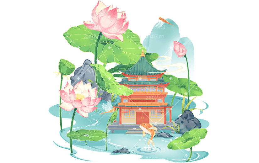 二十四节气立夏通用插画荷塘建筑组合元素素材