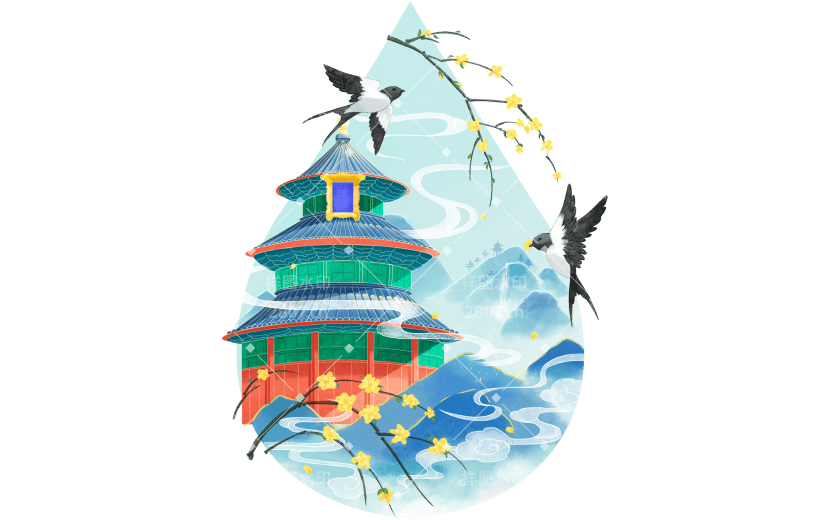 雨水节气传统节气中国风建筑场景元素素材