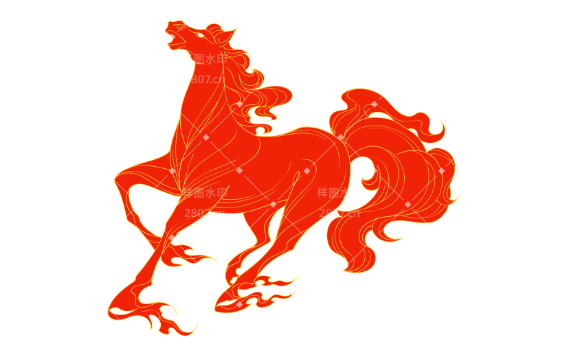 马年中式感工笔插画奔跑马元素