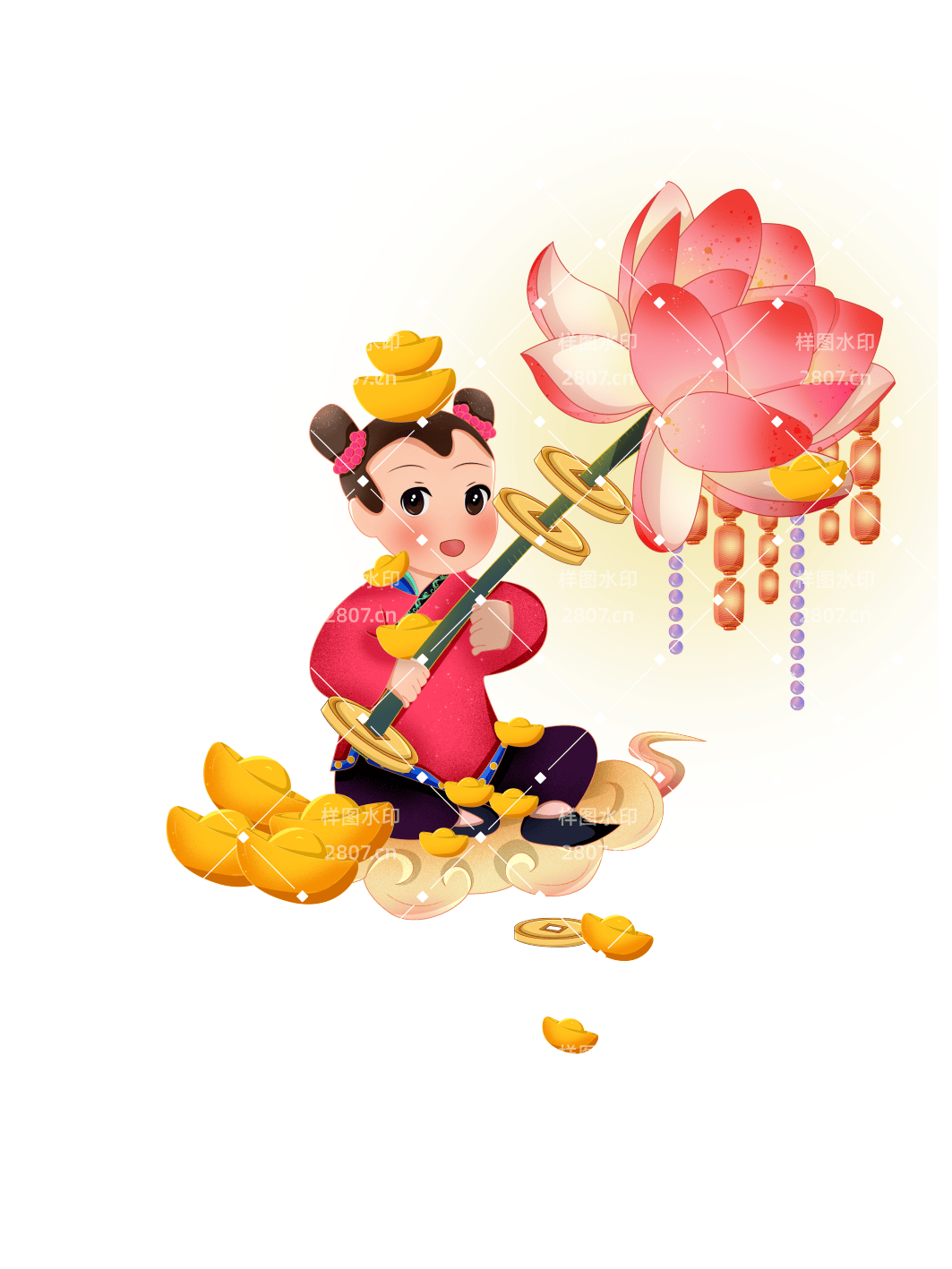 女孩手拿荷花节日元素