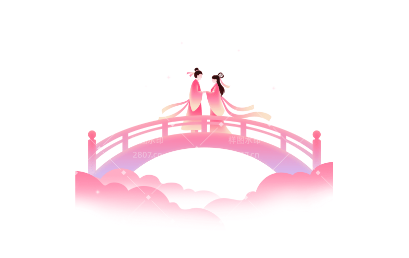 七夕唯美光感渐变梦幻人物拱桥元素