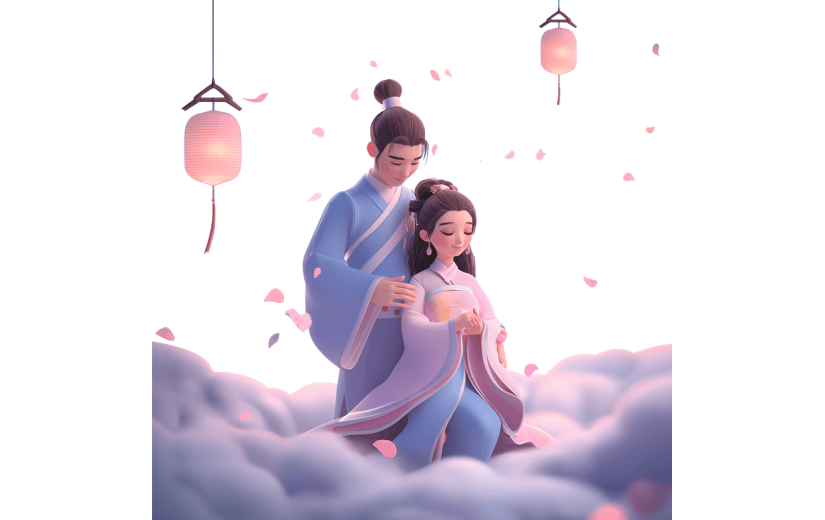 七夕情人节3D浪漫感七夕人物通用元素贴纸