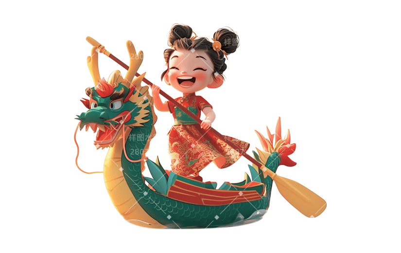 端午节通用龙舟3D场景人物贴纸元素素材