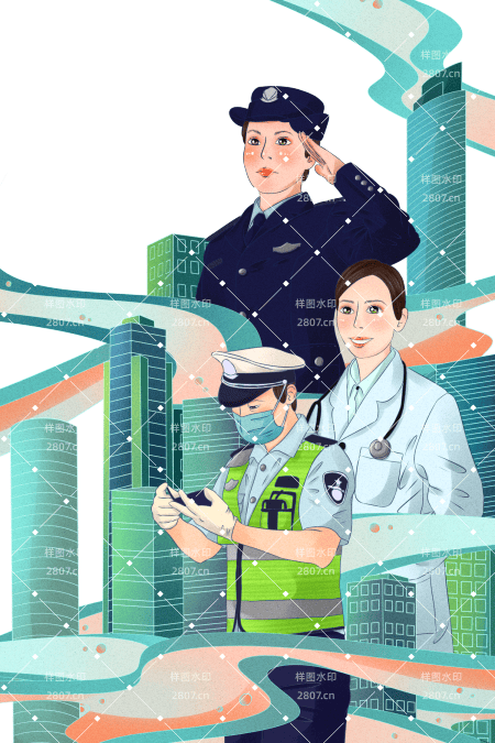 劳动节元素城市建筑医生警察交警