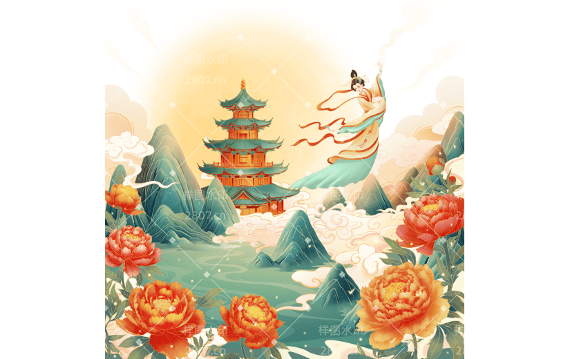 中秋节国庆节双节国潮插画建筑山水繁花月亮嫦娥组合元素