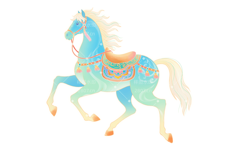 马年中式感敦煌风蓝色渐变插画马元素