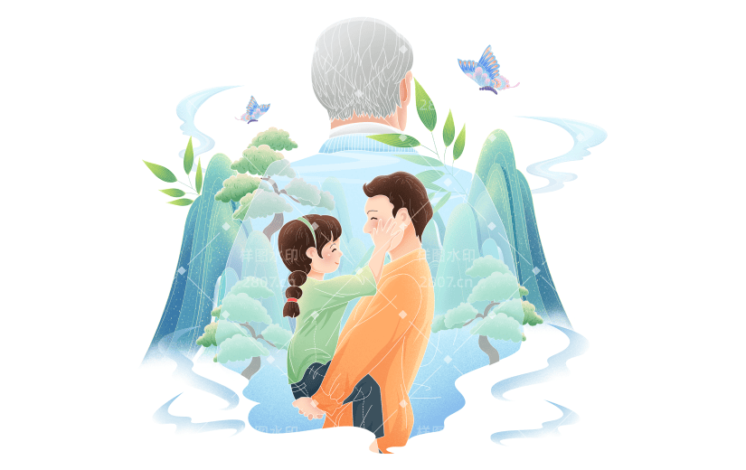 父亲节通用治愈细描边亲子场景大尺寸贴纸元素素材