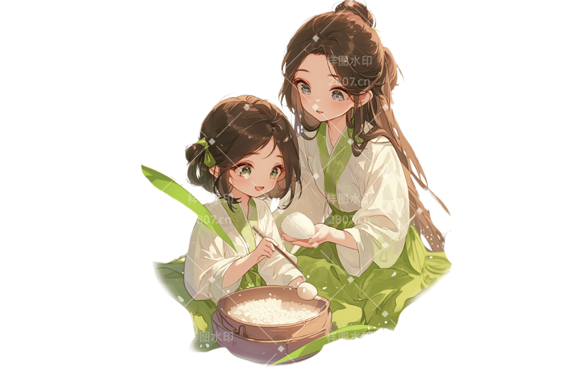 端午节通用中国风动漫绿色厚涂插画古风人物包粽子元素