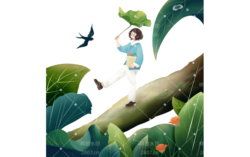 二十四节气传统节气雨水下雨雨天人物植物插画场景组合元素素材