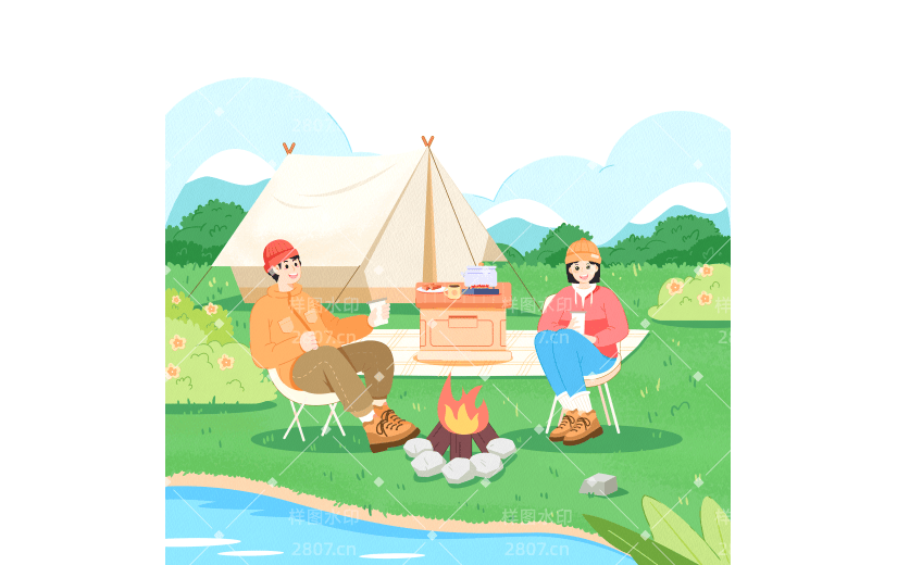 清明节清明踏青露营野餐人物场景插画组合元素素材