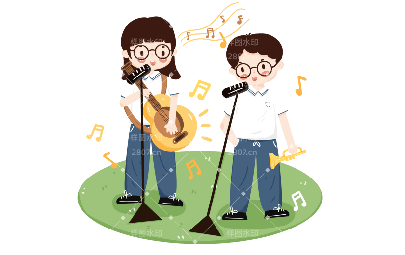 手绘小学生草地歌唱元素