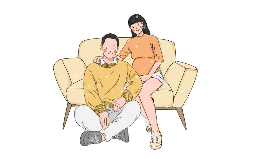手绘孕妇夫妻坐在沙发上互动元素